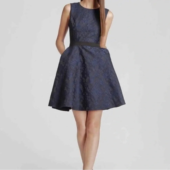 Reiss Natalie Blu Jacquard Lace Fit And Flare Dress Size 8 Navy and Black - Picture 1 of 15